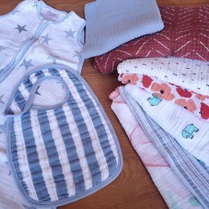 Muslin 9 Piece Cotton Lot 7 Swaddle Blankets Bib Sleep Sack Aiden Anais & More